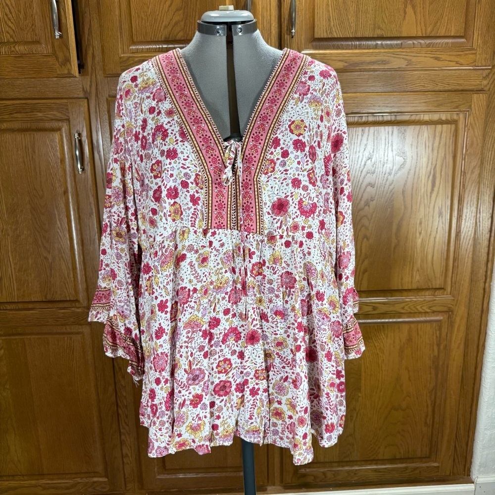 Cynthia Rowley Floral Boho Tunic |‎ Pink | V-Neck Tie | Women's 1X